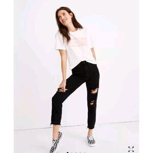 Madewell The Mom Jean in Raney Wash Knee Rip Edition Black Size 28